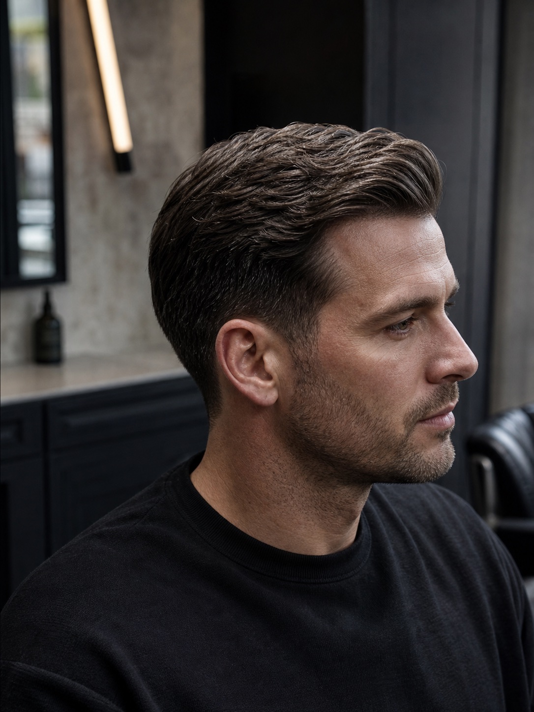 Barber shaping a client's hair in a North & Co concept project